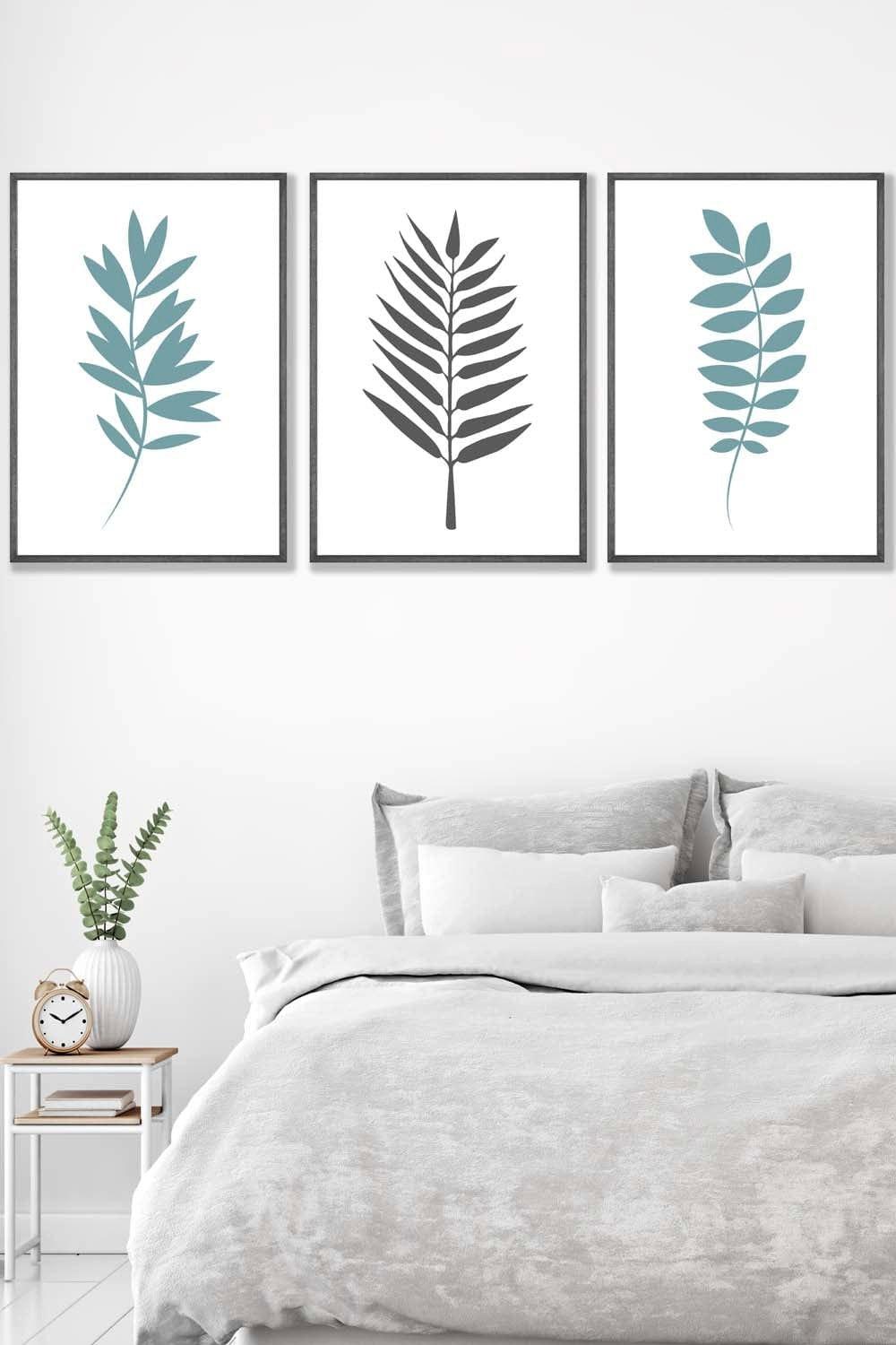 Graphical Blue Grey Leaves Framed Wall Art - Large